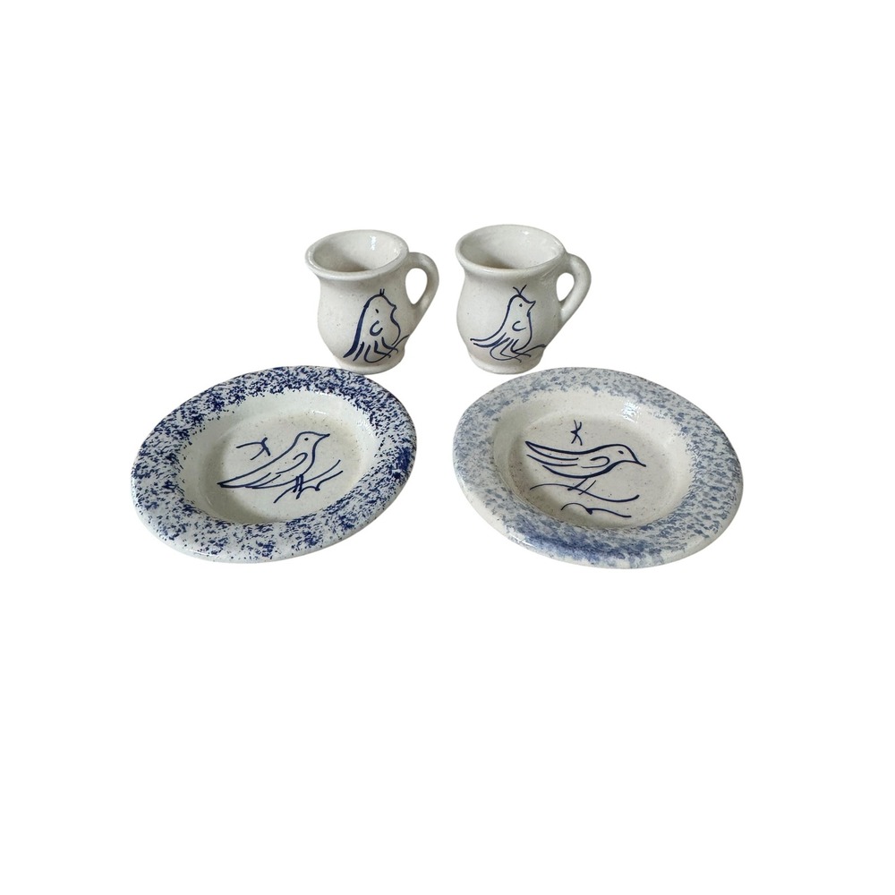 Pleasant Company Kirsten Doll Pottery Set Rowe Pottery Blue Bird Spongeware 4pc